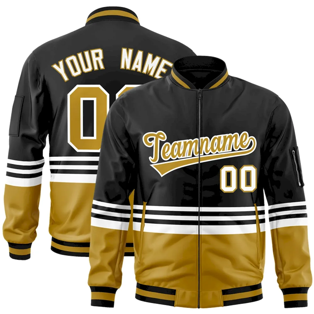 Custom Black Old Gold-White Varsity Full-Zip Color Block Letterman Bomber Jacket