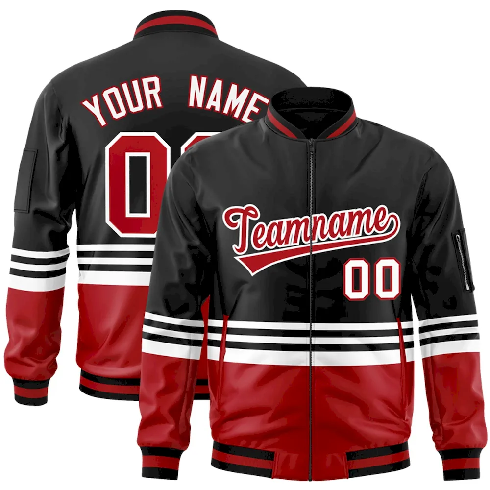 Custom Black Red-White Varsity Full-Zip Color Block Letterman Bomber Jacket