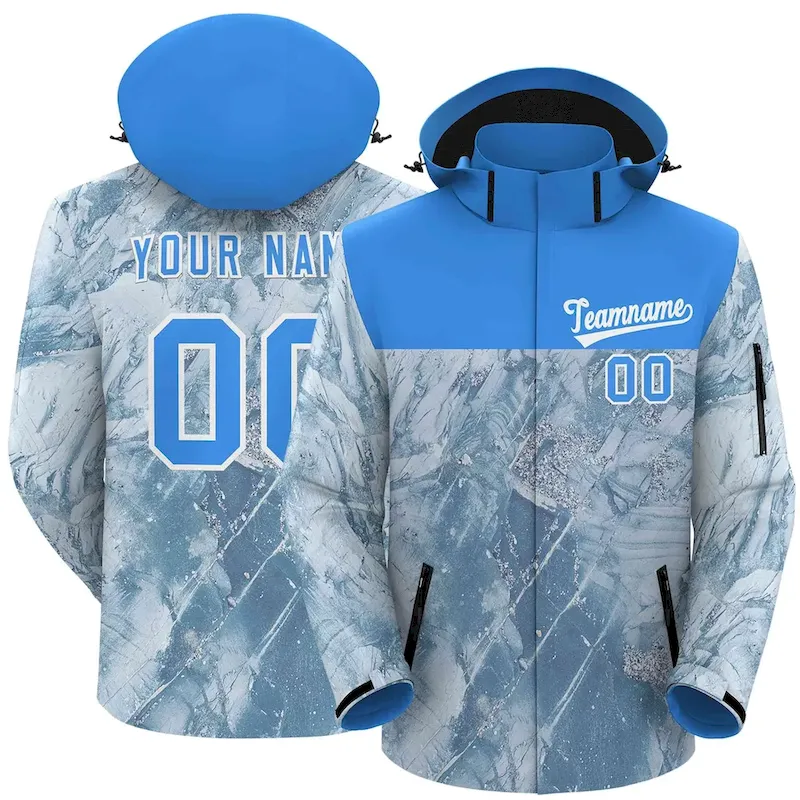 Custom Aqua White Graffiti Pattern Personalized Outdoor Hooded Waterproof Jacket