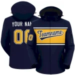 Custom Navy White-Gold Color Block Personalized Outdoor Hooded Waterproof Jacket
