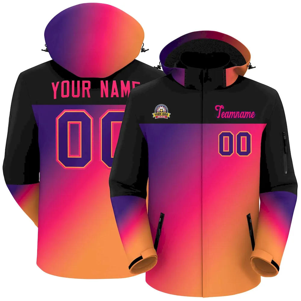 Custom Black Rose Red-Purple Gradient Fashion Personalized Outdoor Hooded Waterproof Jacket