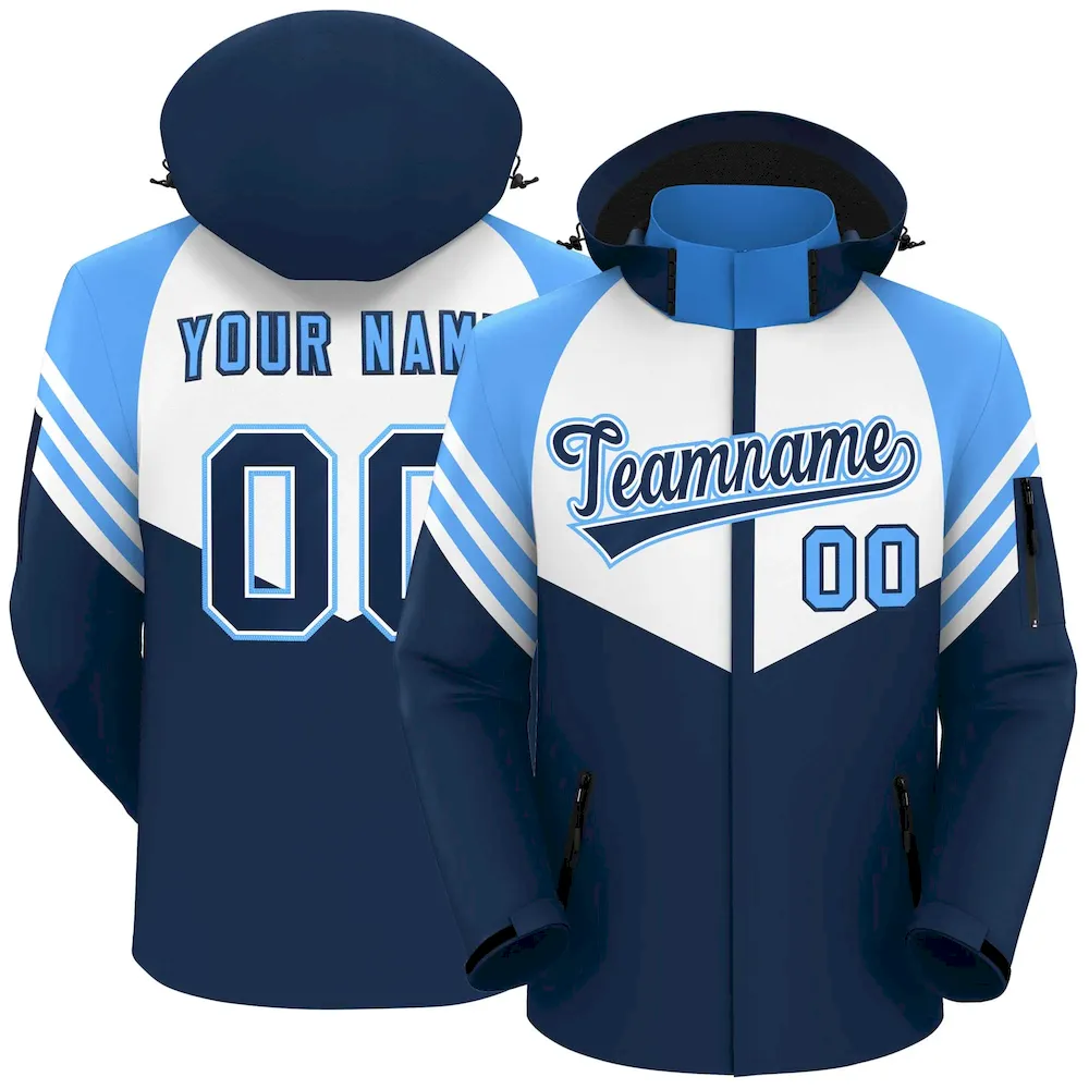 Custom White Navy-Powder Blue Color Block Personalized Outdoor Hooded Waterproof Jacket