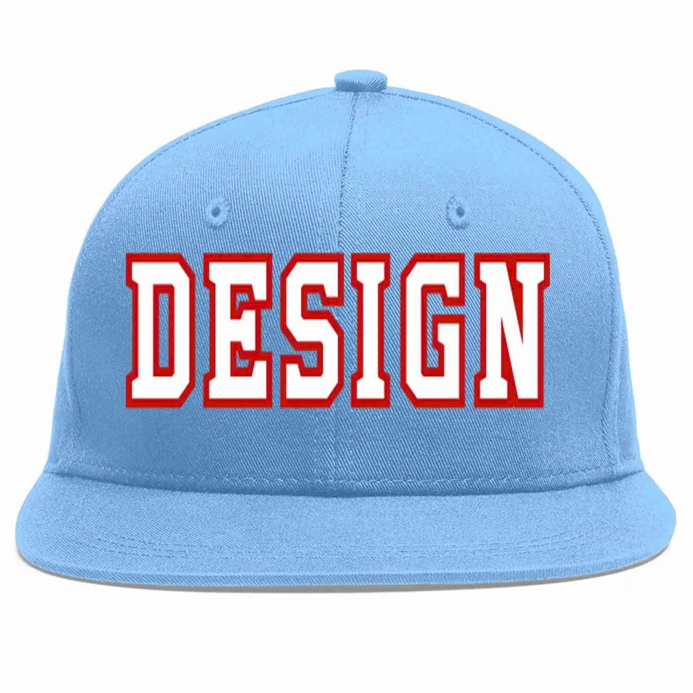 Custom Light Blue White-Red Flat Eaves Sport Baseball Cap Design for Men/Women/Youth