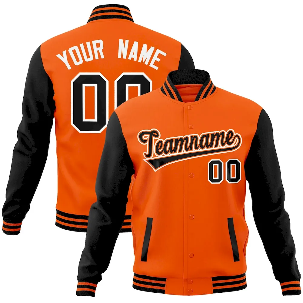 Custom Orange Black-Orange Raglan Sleeves Varsity Full-Snap Letterman Jacket