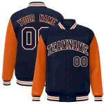 Custom Navy Navy-Orange Raglan Sleeves Varsity Full-Snap Letterman Jacket