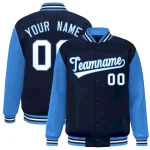 Custom Navy White-Powder Blue Raglan Sleeves Varsity Full-Snap Letterman Jacket