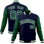 Custom Navy Green-White Raglan Sleeves Varsity Full-Snap Letterman Jacket