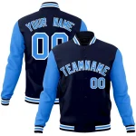 Custom Navy Powder Blue-White Raglan Sleeves Varsity Full-Snap Letterman Jacket