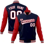 Custom Navy Navy-Orange Raglan Sleeves Varsity Full-Snap Letterman Jacket