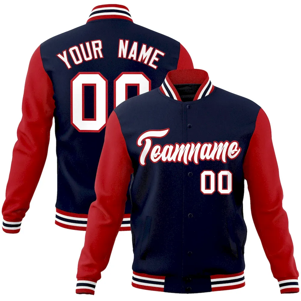Custom Navy White Raglan Sleeves Varsity Full-Snap Letterman Jacket