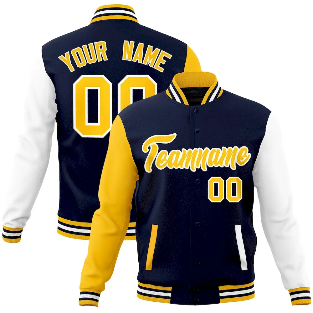 Custom Navy White-Navy Raglan Sleeves Varsity Full-Snap Letterman Jacket