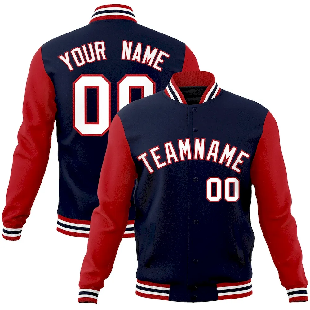 Custom Navy White-Red Raglan Sleeves Varsity Full-Snap Letterman Jacket