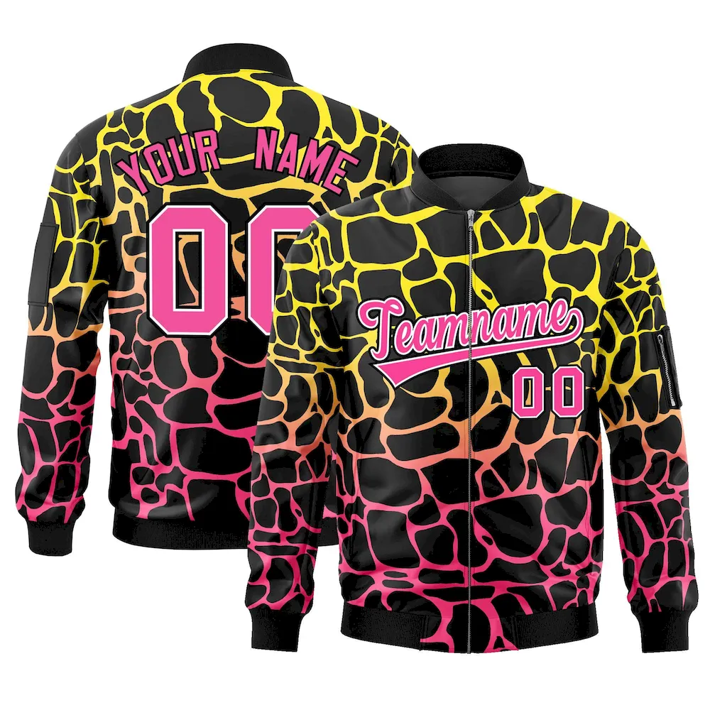 Custom Black Gold-Pink Varsity Full-Zip Spotted Letterman Bomber Jacket
