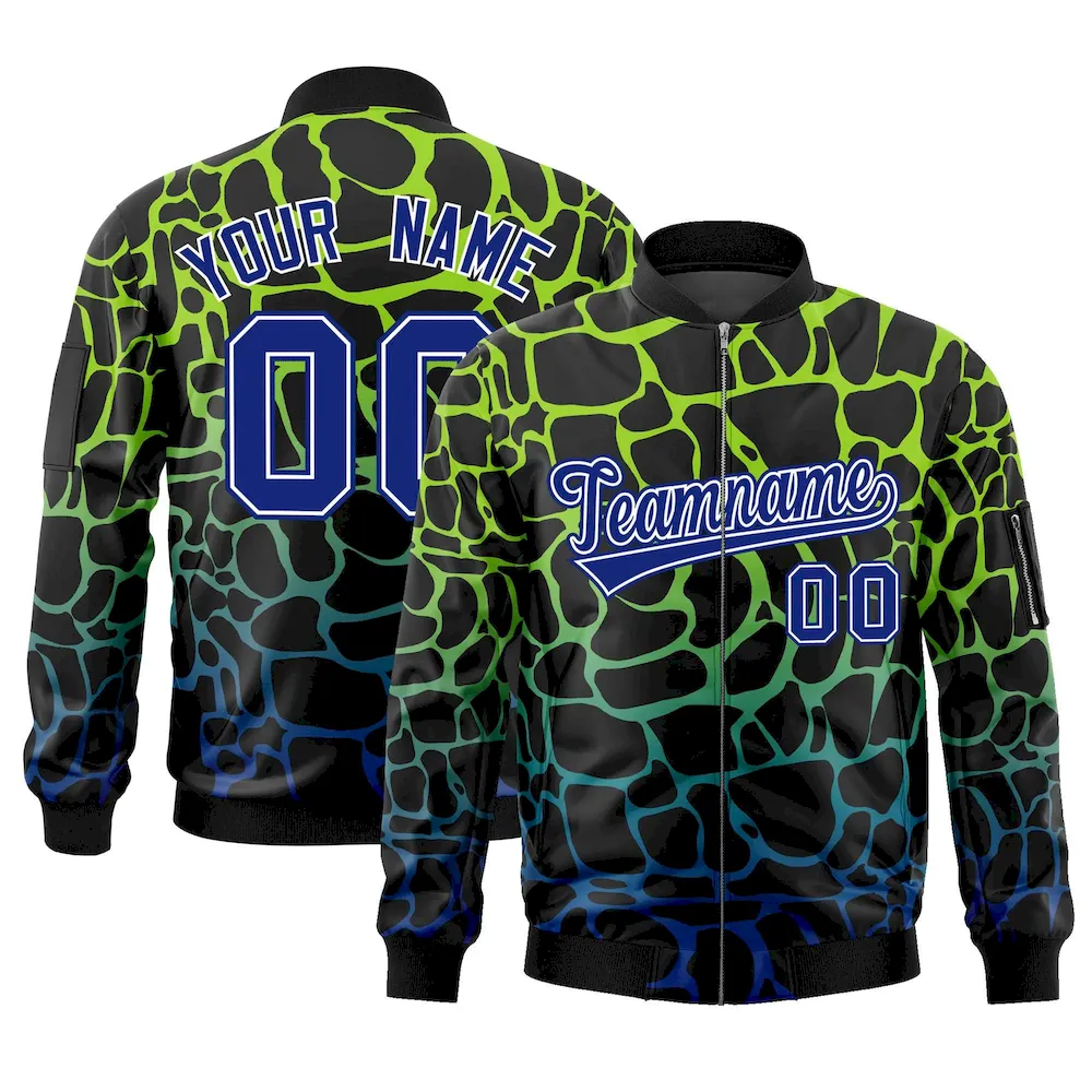 Custom Black Neon Green-Lt Blue Varsity Full-Zip Spotted Letterman Bomber Jacket