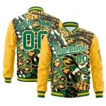 Custom Kelly Green Gold-White Varsity Full-Zip Graffiti Pattern Letterman Bomber Jacket