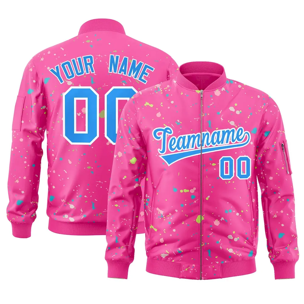 Custom Pink Neon Green Varsity Full-Zip Splash Graffiti Pattern Letterman Jacket
