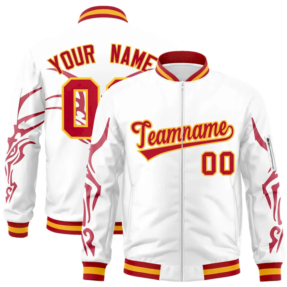 Custom White Red Varsity Full-Zip Dragon Head Graffiti Pattern Letterman Bomber Jacket
