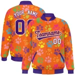 Custom Orange Purple-White Varsity Pets Paw Prints Graffiti Pattern Letterman Baseball Jacket
