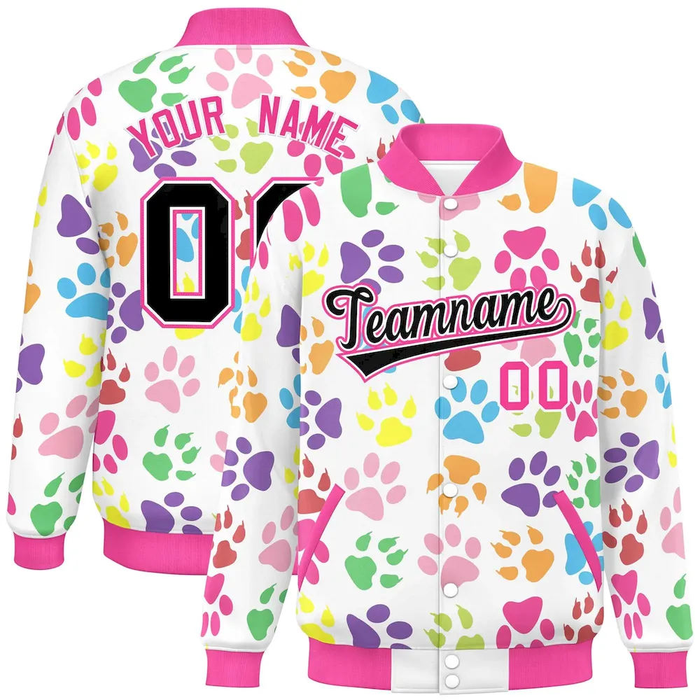 Custom White Black-Pink Varsity Pets Paw Prints Graffiti Pattern Letterman Baseball Jacket