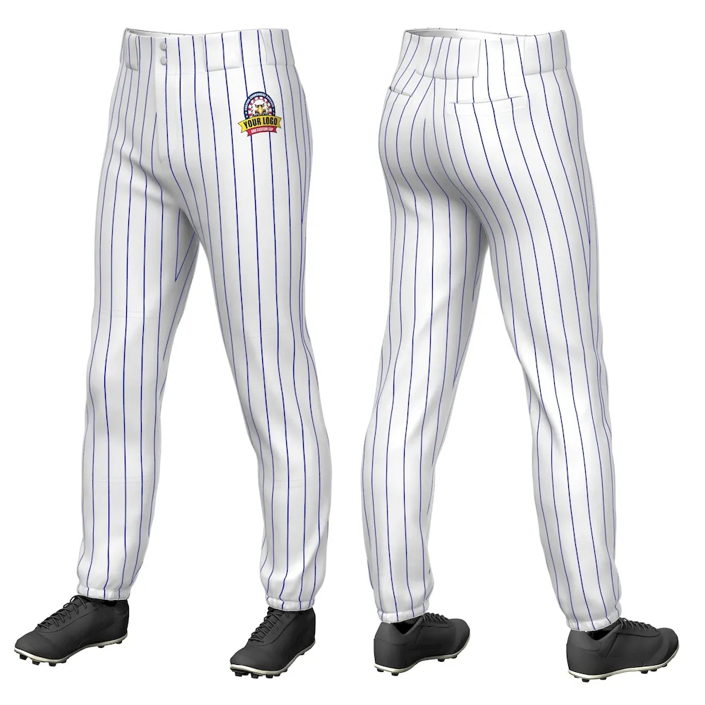 Custom White Royal Pinstripe Fit Stretch Practice Pull Up Baseball Pants