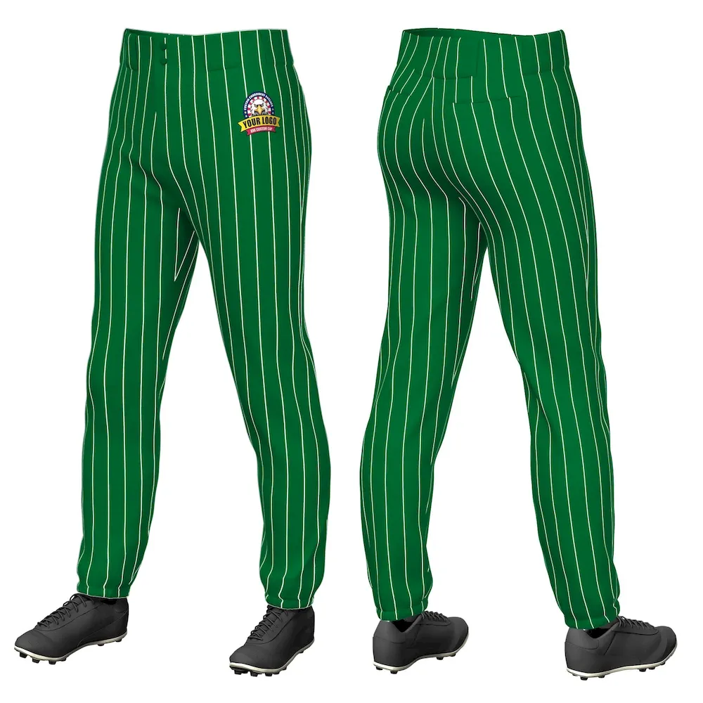 Custom Kelly Green White Pinstripe Fit Stretch Practice Pull Up Baseball Pants