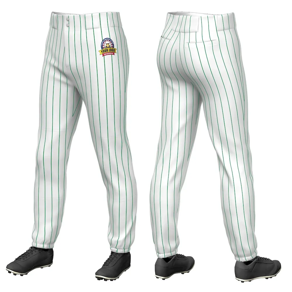 Custom White Kelly Green Pinstripe Fit Stretch Practice Pull Up Baseball Pants
