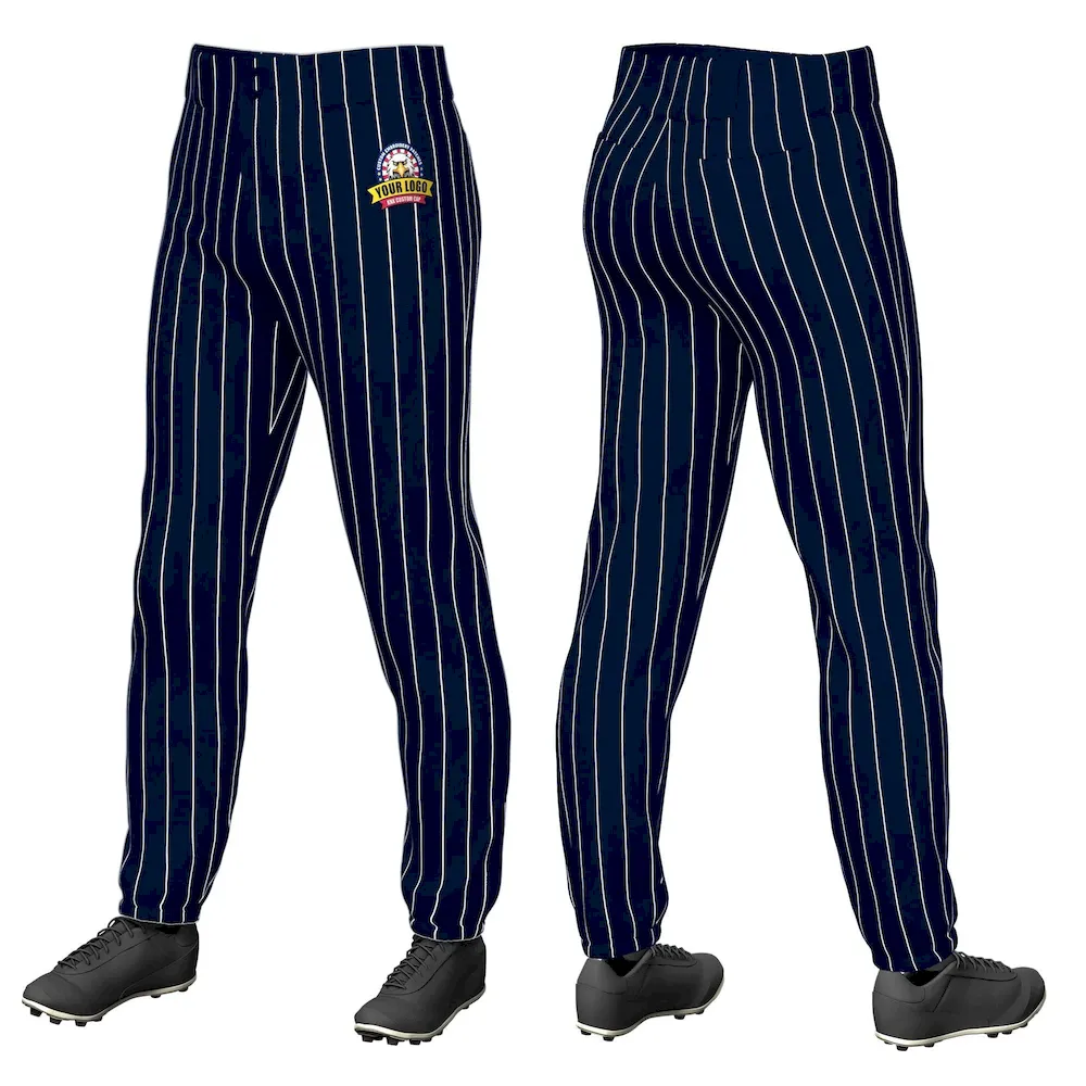 Custom Navy White Pinstripe Fit Stretch Practice Pull Up Baseball Pants