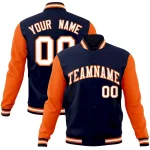 Custom Navy Navy-Orange Raglan Sleeves Varsity Full-Snap Letterman Jacket