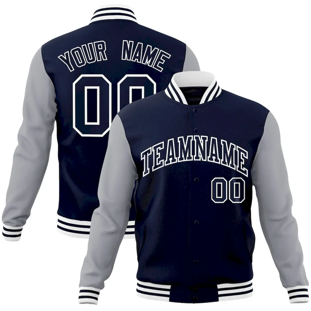 Custom Navy White-Powder Blue Raglan Sleeves Varsity Full-Snap Letterman Jacket