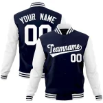 Custom Navy White Raglan Sleeves Varsity Full-Snap Letterman Jacket