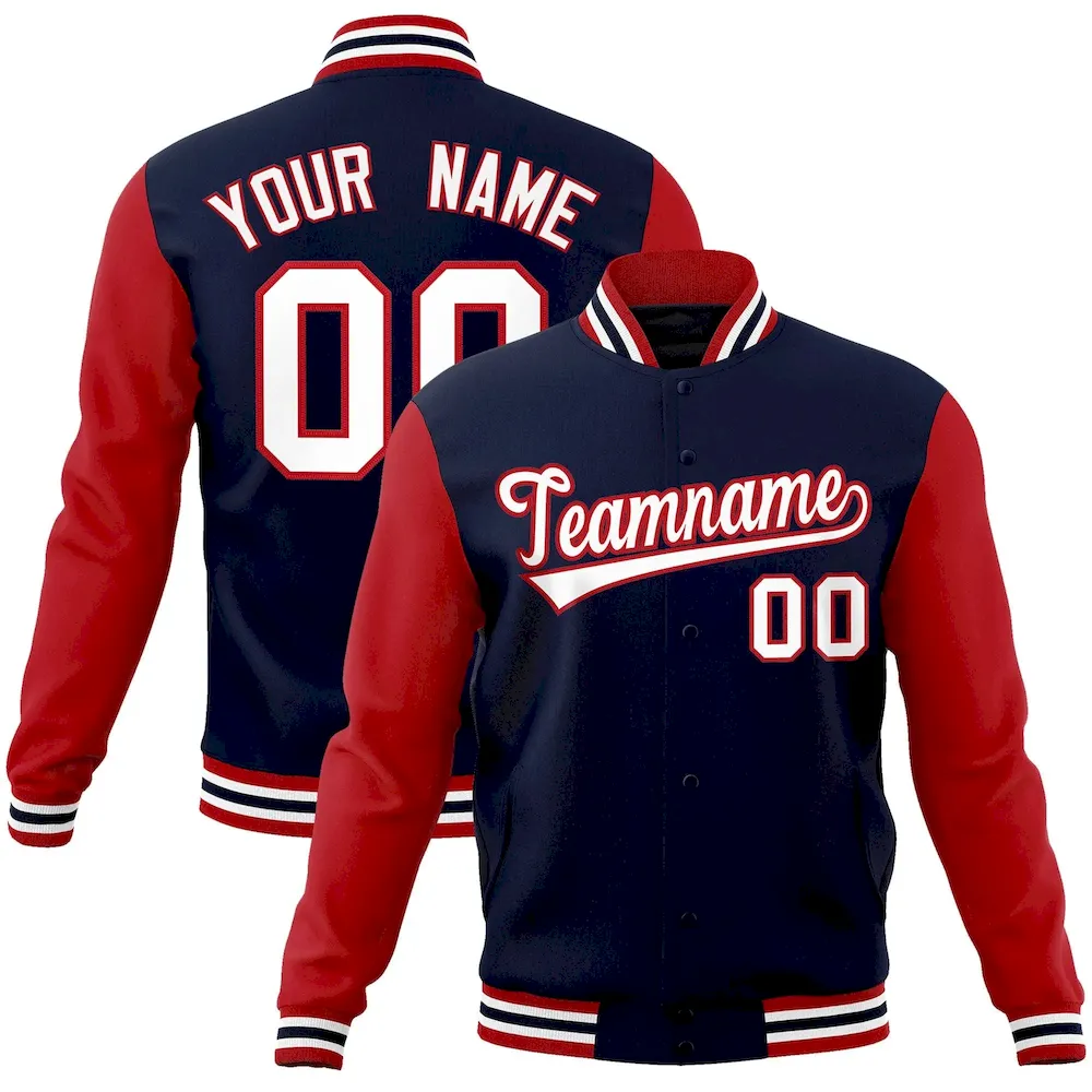 Custom Navy White-Red Raglan Sleeves Varsity Full-Snap Letterman Jacket