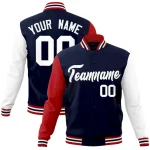 Custom Navy Gold-White Raglan Sleeves Varsity Full-Snap Letterman Jacket