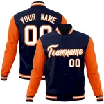 Custom Navy Navy-Orange Raglan Sleeves Varsity Full-Snap Letterman Jacket