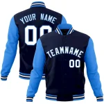 Custom Navy White-Powder Blue Raglan Sleeves Varsity Full-Snap Letterman Jacket