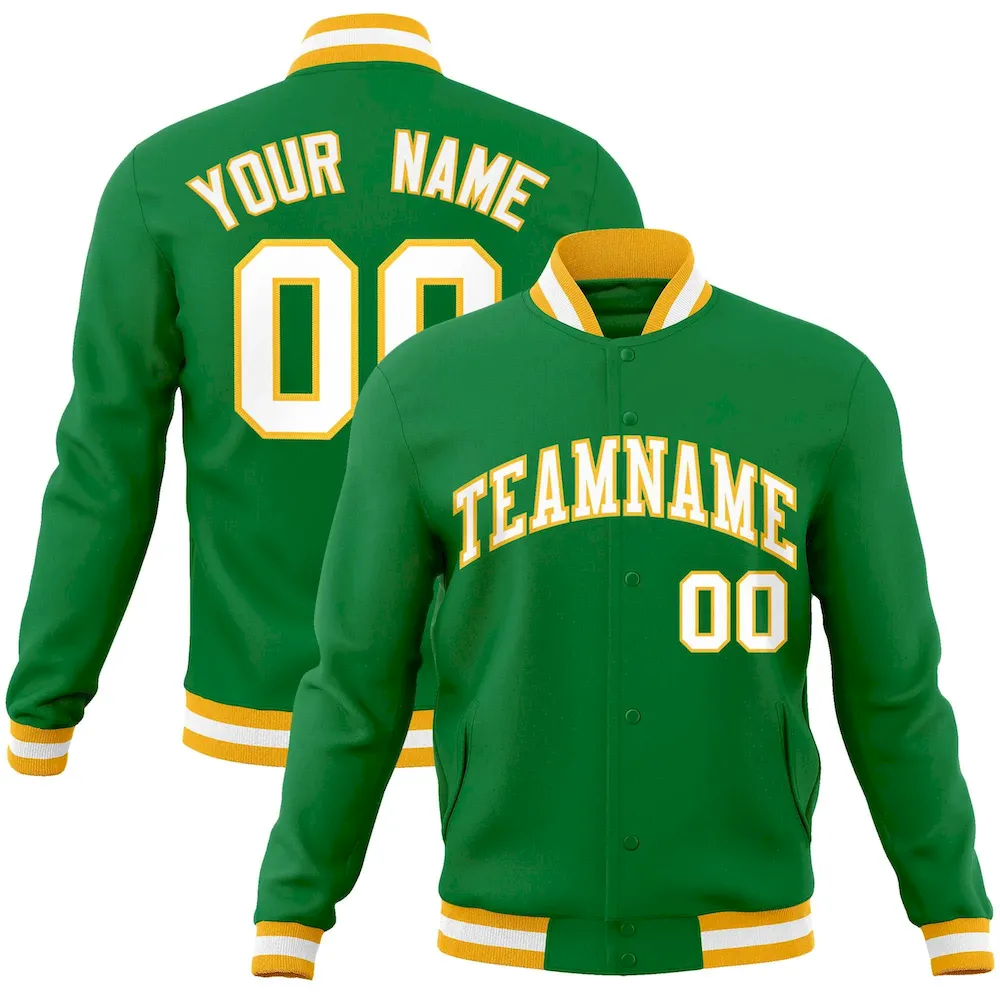 Custom Kelly Green White-Gold Classic Style Varsity Full-Snap Letterman Jacket