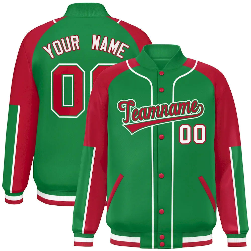 Custom Kelly Green Red-Kelly Green Raglan Sleeves Varsity Full-Snap Letterman Baseball Jacket