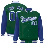 Custom Green Royal-White Raglan Sleeves Varsity Full-Snap Letterman Jacket