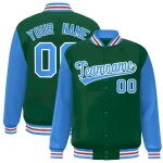 Custom Green Powder Blue-White Raglan Sleeves Varsity Full-Snap Letterman Jacket