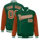 Custom Green Texas Orange-White Raglan Sleeves Varsity Full-Snap Letterman Jacket