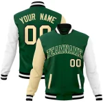 Custom Green Green-Khaki Raglan Sleeves Varsity Full-Snap Letterman Jacket