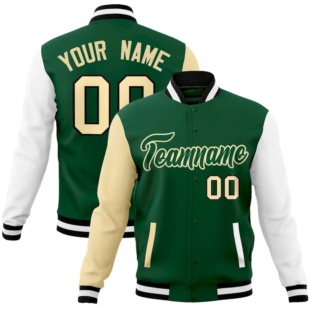 Custom Green Green-Khaki Raglan Sleeves Varsity Full-Snap Letterman Jacket