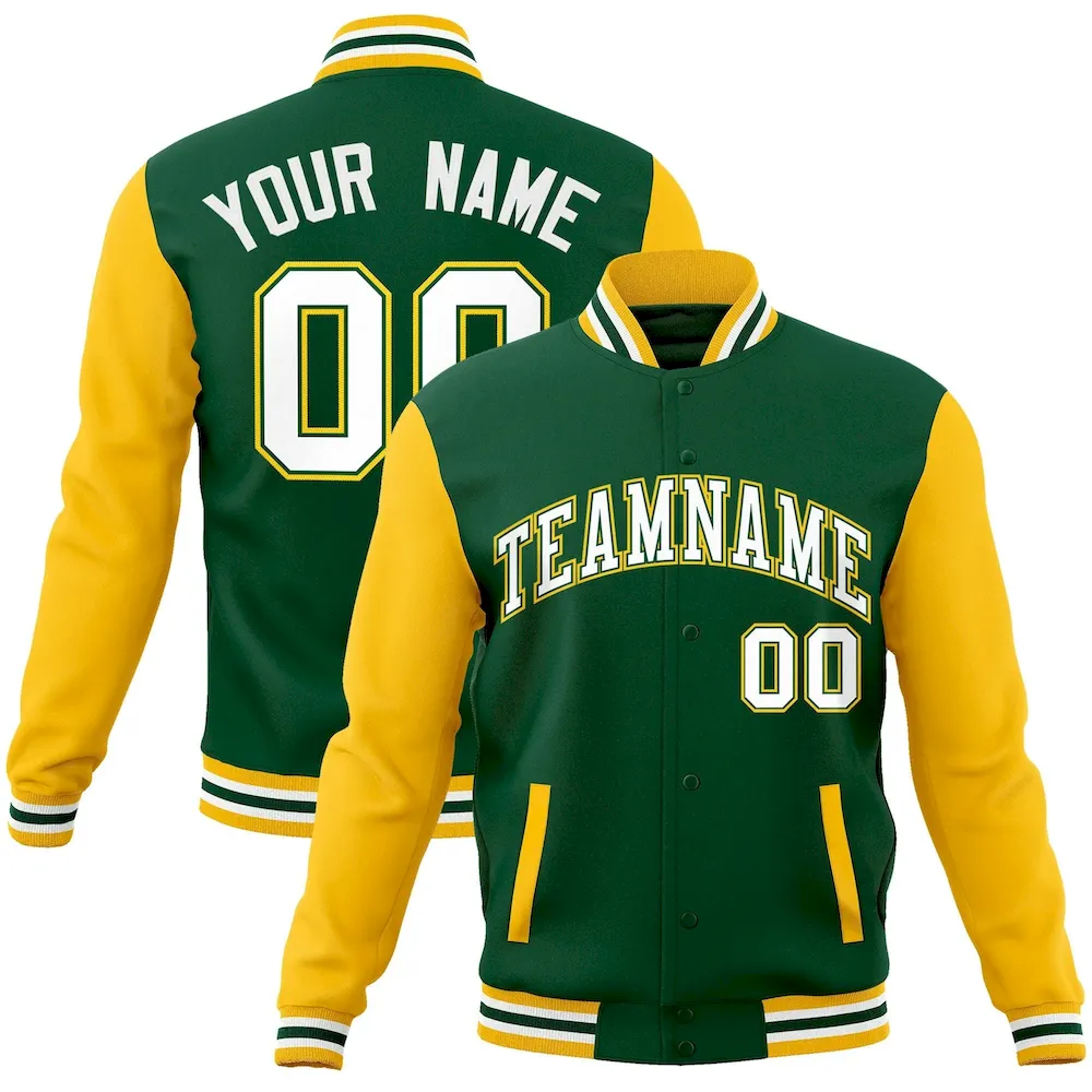 Custom Green White-Green Raglan Sleeves Varsity Full-Snap Letterman Jacket