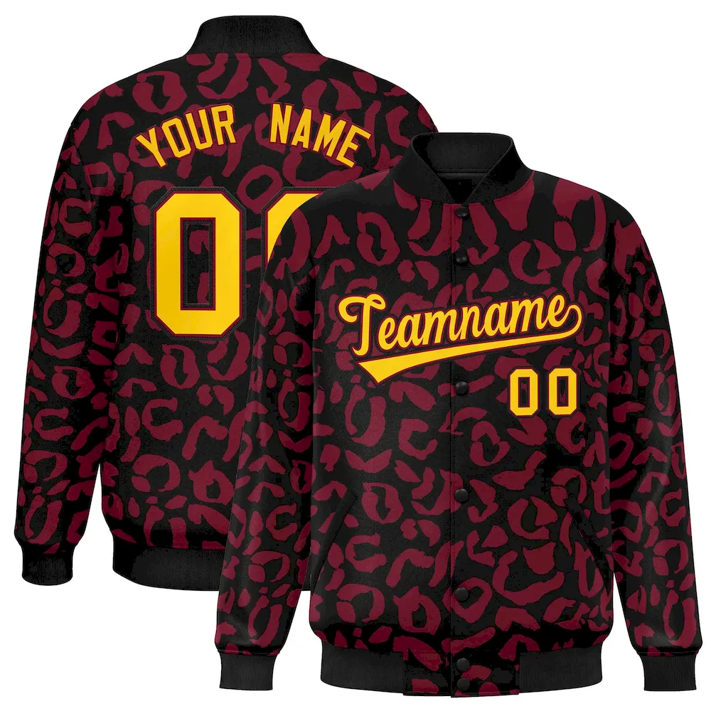 Custom Black Old Gold Varsity Full-Snap Leopard Print Graffiti Pattern Letterman Baseball Jacket