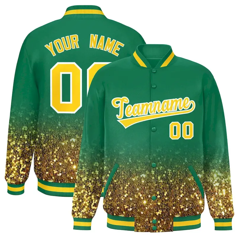 Custom Teal Varsity Full-Snap Sequins Pattern Letterman Baseball Jacket
