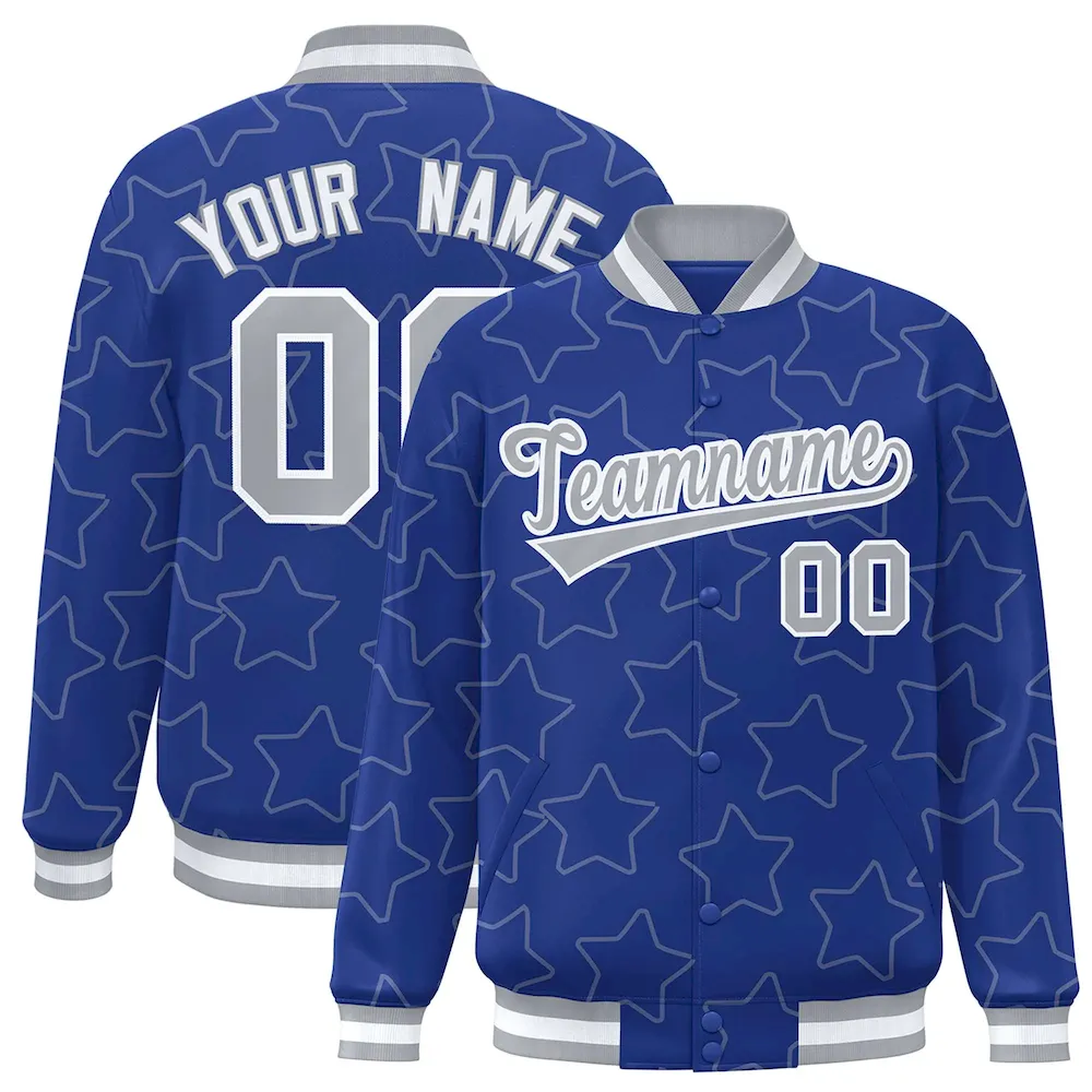 Custom Royal Gray Varsity Full-Snap Star Pattern Letterman Baseball Jacket