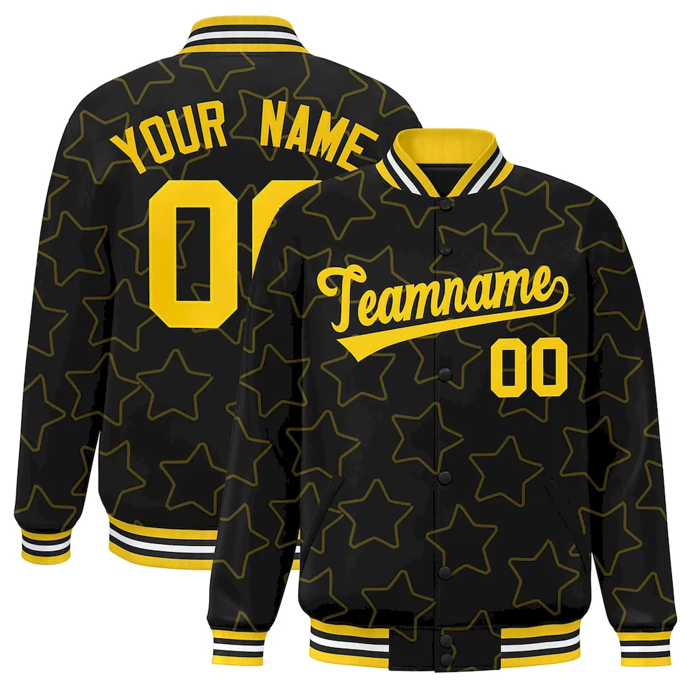 Custom Black Old Gold Varsity Full-Snap Star Pattern Letterman Baseball Jacket