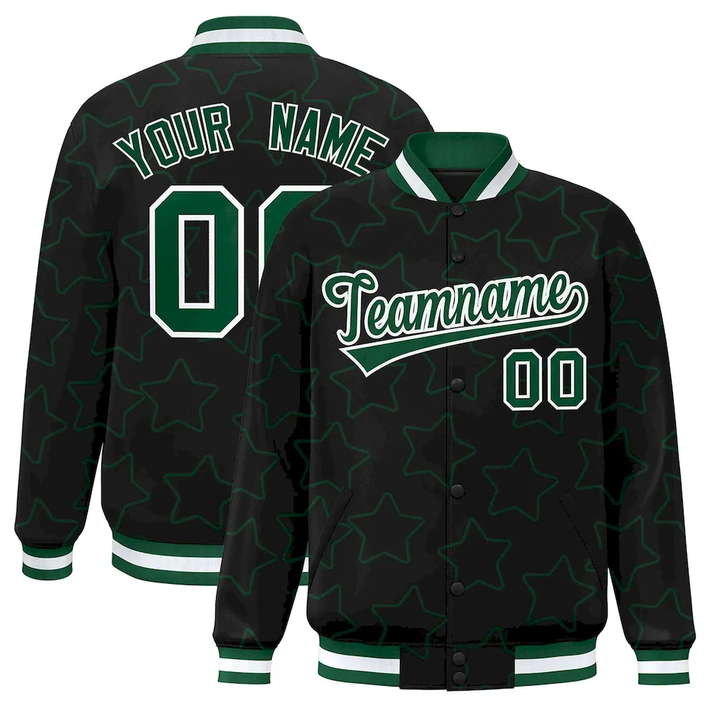 Custom Black Green Varsity Full-Snap Star Pattern Letterman Baseball Jacket
