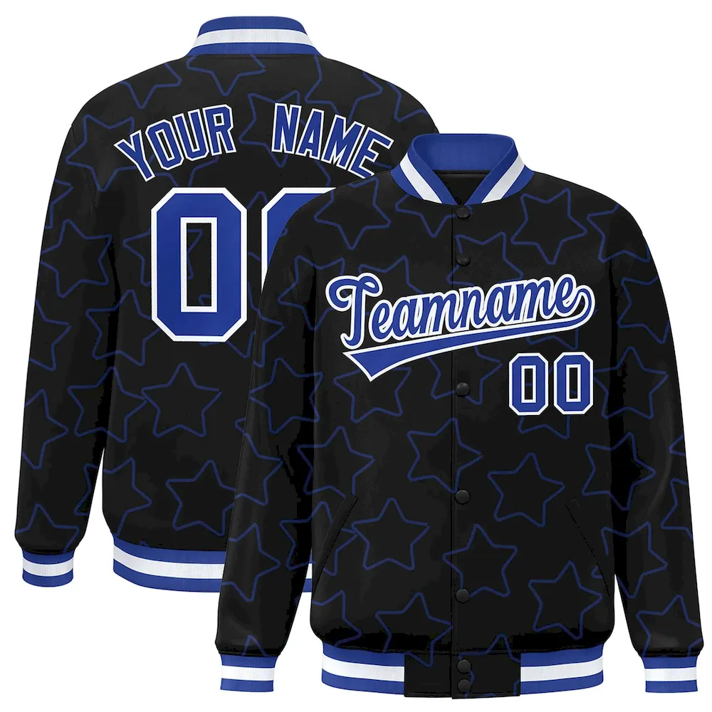 Custom Black Royal Varsity Full-Snap Star Pattern Letterman Baseball Jacket