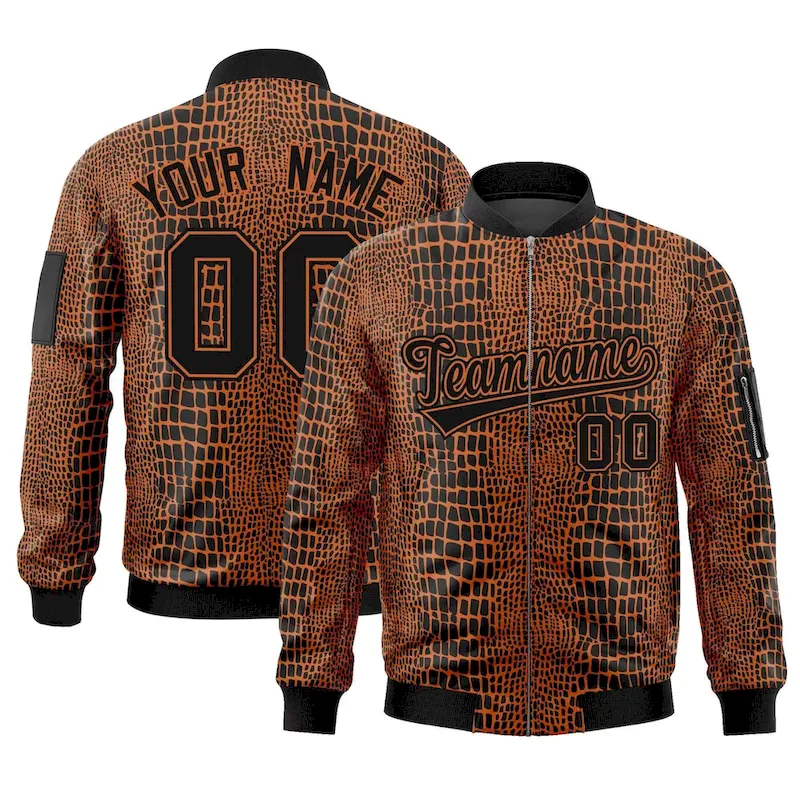 Custom Black Orange Varsity Full-Zip Crocodile Graffiti Pattern Letterman Bomber Jacket