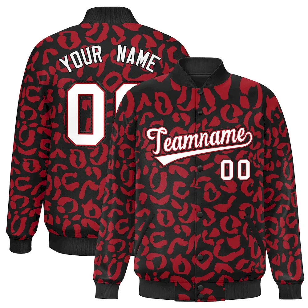 Custom Black Red Varsity Full-Snap Leopard Print Graffiti Pattern Letterman Baseball Jacket